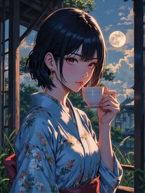 お月見で紅茶を一杯な紅夜さん