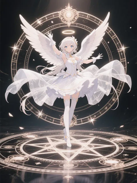 羽が舞っているなかで魔法陣で変身する天使魔法少女 魔法陣…