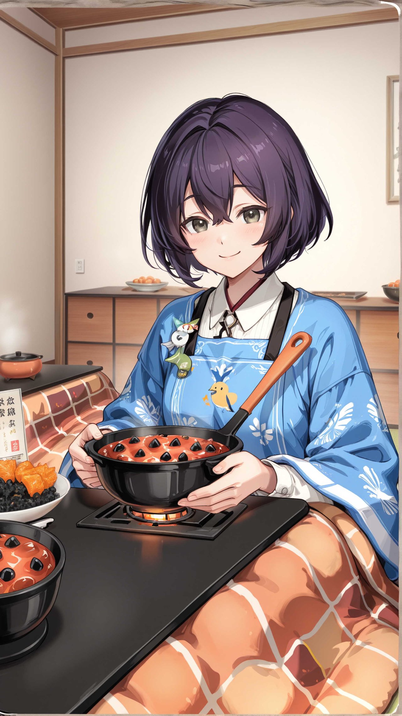 A kotatsu in a Japanese room, lacquered jubako boxes with osechi dishes (kuromame, kazunoko, datemaki, kuri-kinton), smiling family, warm indoor lighting, food photography style, 8K — yuna97さんのAIイラスト