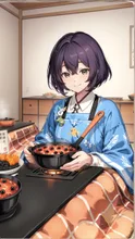 A kotatsu in a Japanese room, lacquered jubako boxes with osechi dishes (kuromame, kazunoko, datemaki, kuri-kinton), smiling family, warm indoor lighting, food photography style, 8K — yuna97さんのAIイラスト