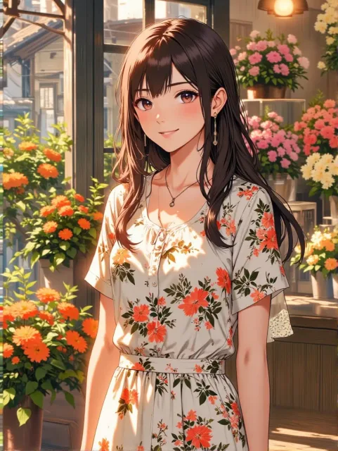 きちんとした服装、花屋の看板娘の成年女性、目線の高さから