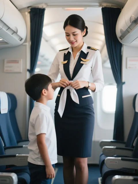 体全体見える状態で正面を向いている暑い機内で少年の世話をして…