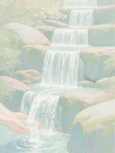 何段も分かれている小さな滝。飲めるぐらいの綺麗な水を手ですくう — たかおさんのAIイラスト