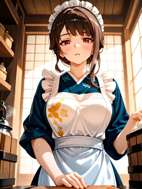 白い前掛けをつけて袖をまくった日本人の成年女性の豆腐屋