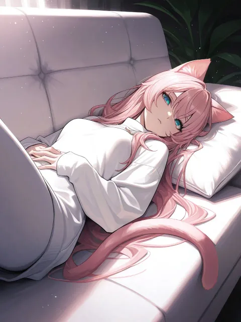 猫耳の美少女がソファに寝転がってこちらを見ている - 猫娘