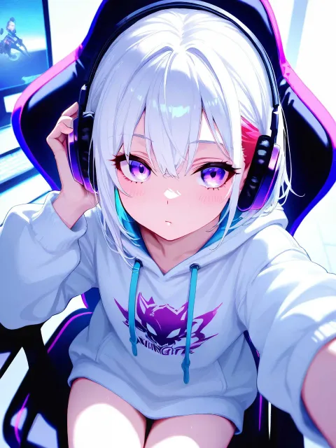 ゲーミングチェアーに座っわてヘッドホンをして配信をしている…