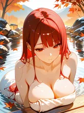 温泉でゆっくりする赤髪少女