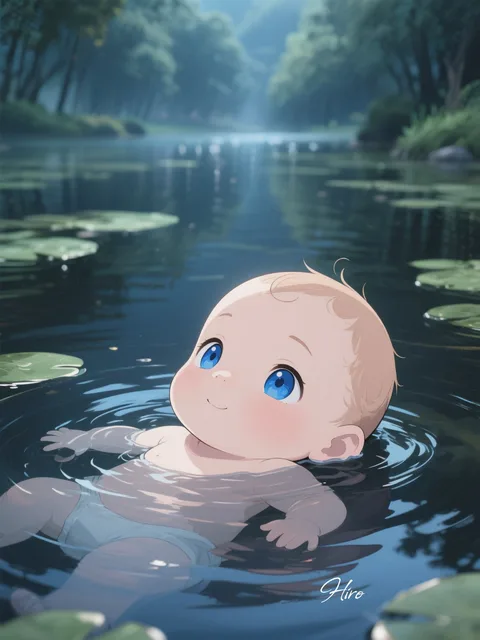 神秘的な湖に体を浮かべる青い目の赤ちゃん - 画像生成チャレンジ