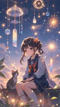少女と子猫と線香花火