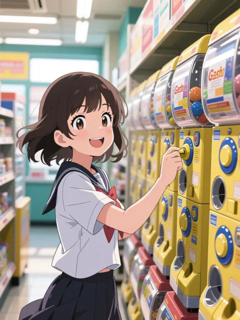 1人の少女、ガチャガチャの機械が並ぶ、明るい店内