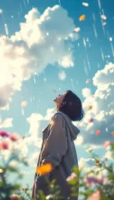 梅雨に晴れ間に、空を見上げる少女 — SUPP59509422さんのAIイラスト