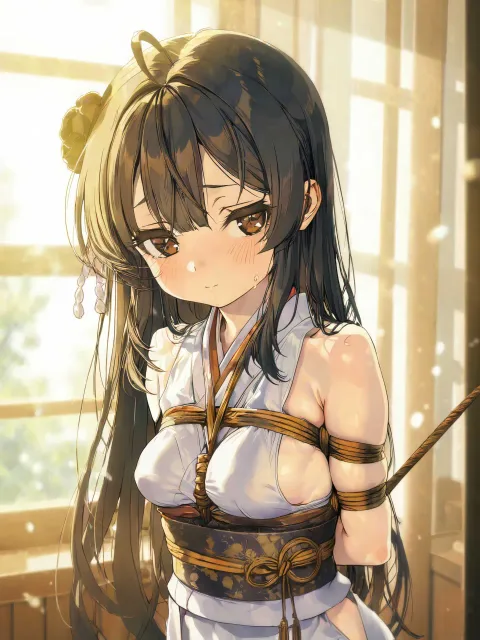 胴を麻縄で縛られている、官能的な和装の女の子