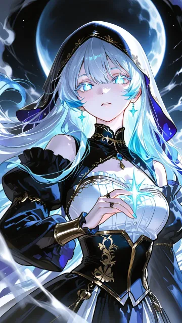 ハロウィンの夜に現れる黒い影を擬人化した少女、漆黒のロングヘア、紫色に輝く瞳、髪の先が煙のように薄く消えている、黒いフー…
