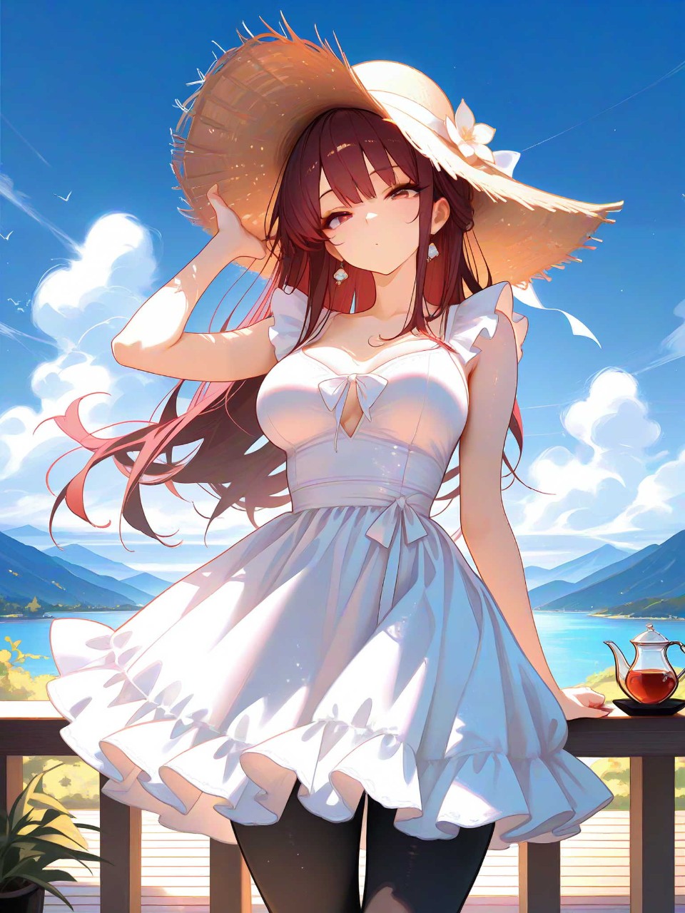 美少女お嬢様が海辺の別荘のウッドデッキテラスで麦わら帽子をかぶって白いフリル付きワンピース姿で景色