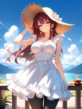 美少女お嬢様が海辺の別荘のウッドデッキテラスで麦わら帽子をかぶって白いフリル付きワンピース姿で景色