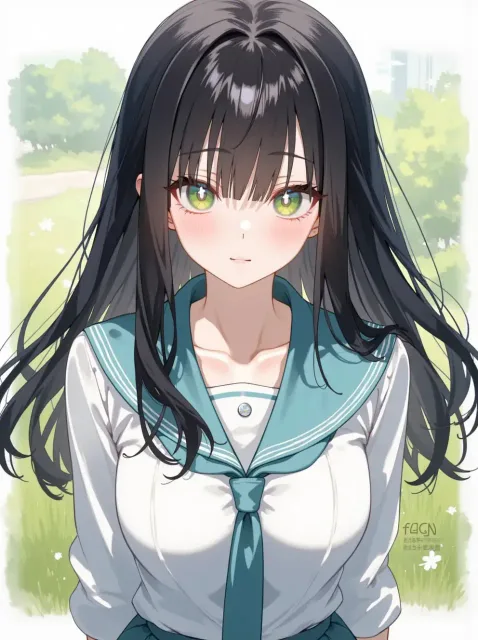 夏の放課後、黒髪のロング、翠の瞳、ドキッとする視線 - 汗と制服