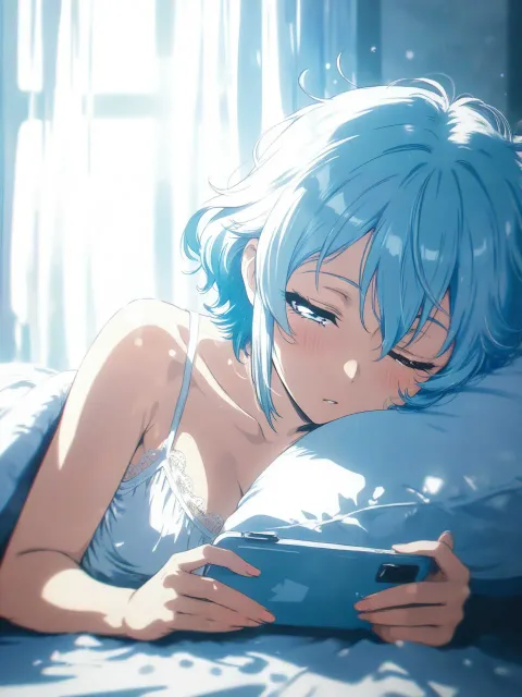 anime style、1girl、lying in bed - 毛布の中