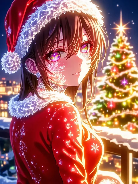 鮮やかな赤のクリスマスドレスを纏った白いファー付きのサンタ帽…