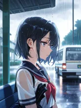 雨のバス停。
