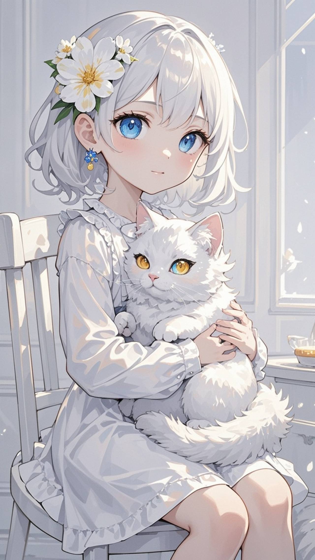 白髪の少女とオッドアイの白猫𓃠 — 𓃠フワフワ猫の甘々天使🪽ニャルル🤍さんのAIイラスト