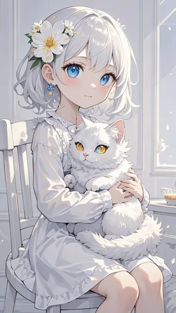 白髪の少女とオッドアイの白猫𓃠