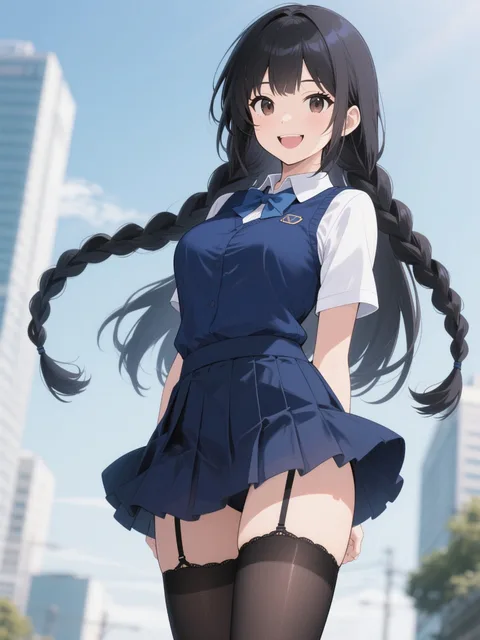 スカートをたくし上げる女の子、ロングヘアー
