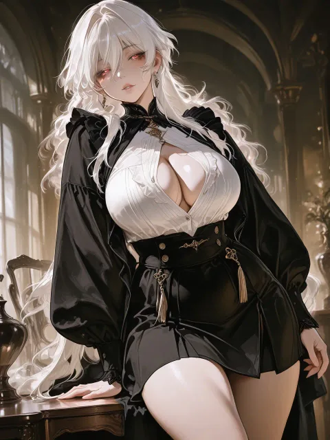黒のメイド服、白髪の色っぽい女性、短いスカートと絶対領域