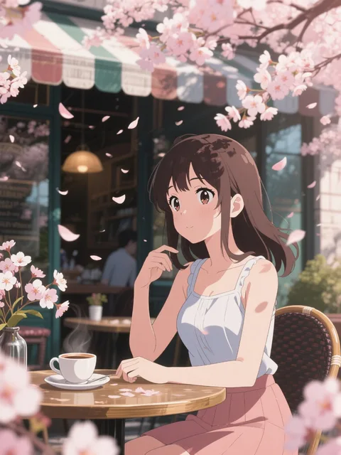 カフェのテラスで桜を見ている美少女 コーヒー 桜が舞ってる