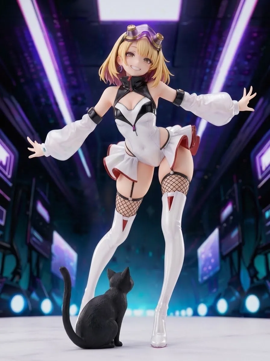 サイバーなeスポーツ会場にやってきた…パンク娘と黒ニャンコ…フィギュア…金