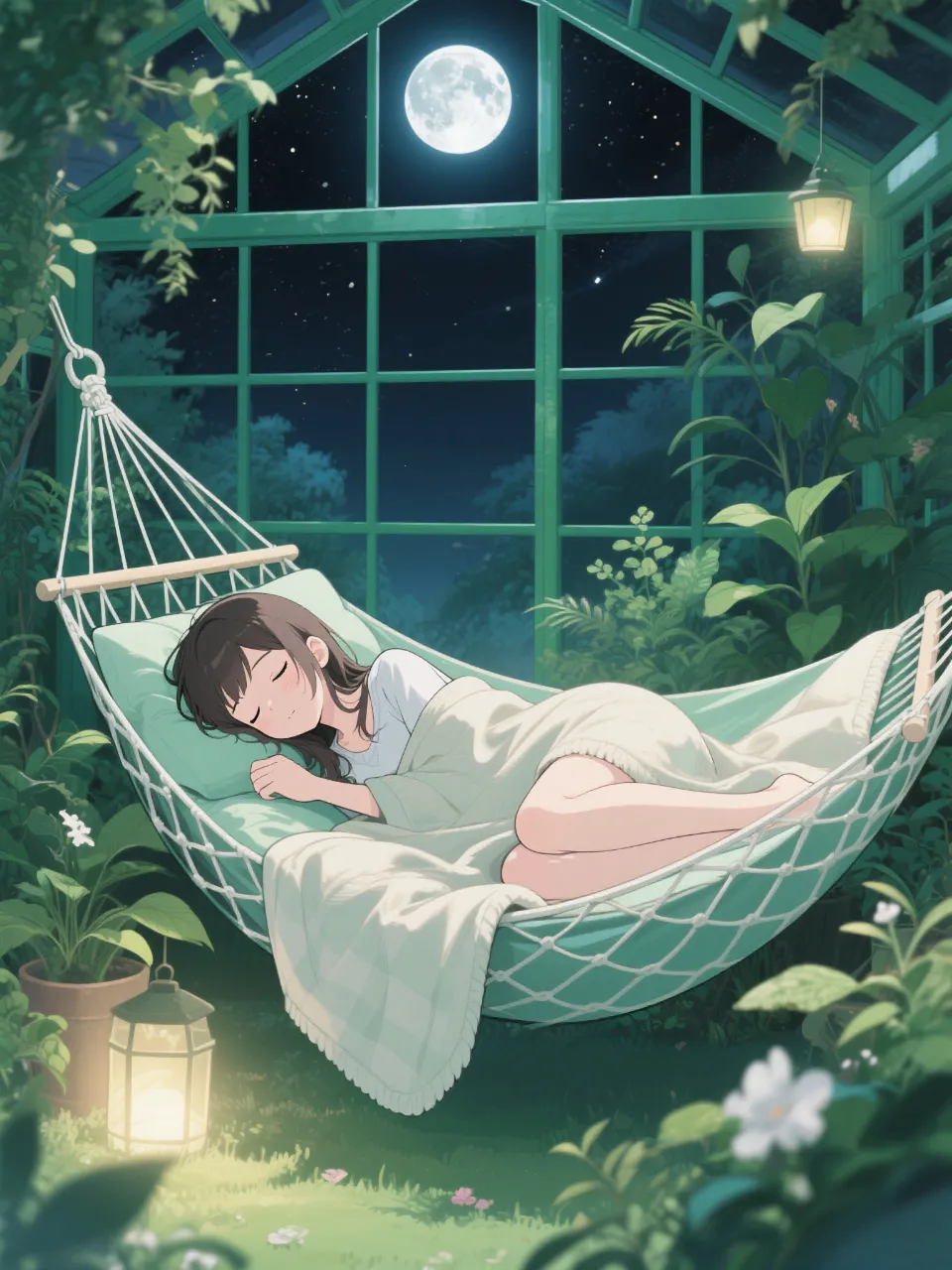 夜の温室で眠る