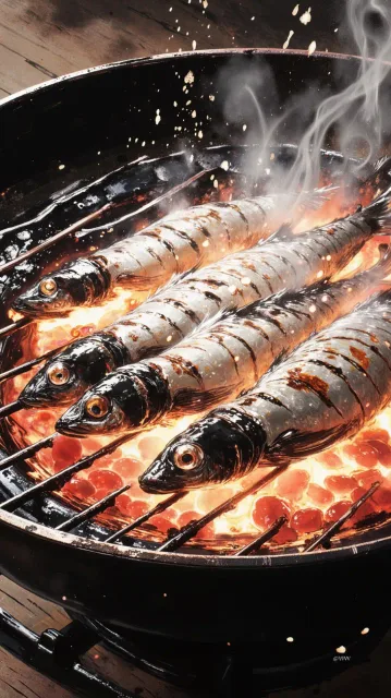 無地の黒い七輪で焼く秋刀魚、縁側の前、皮の焦げ目、引きの一枚