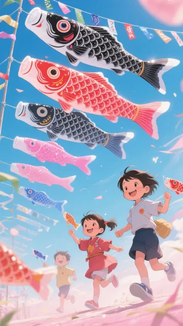 ピンク、ブルーのキラキラ輝く鯉ののぼりが風になびく