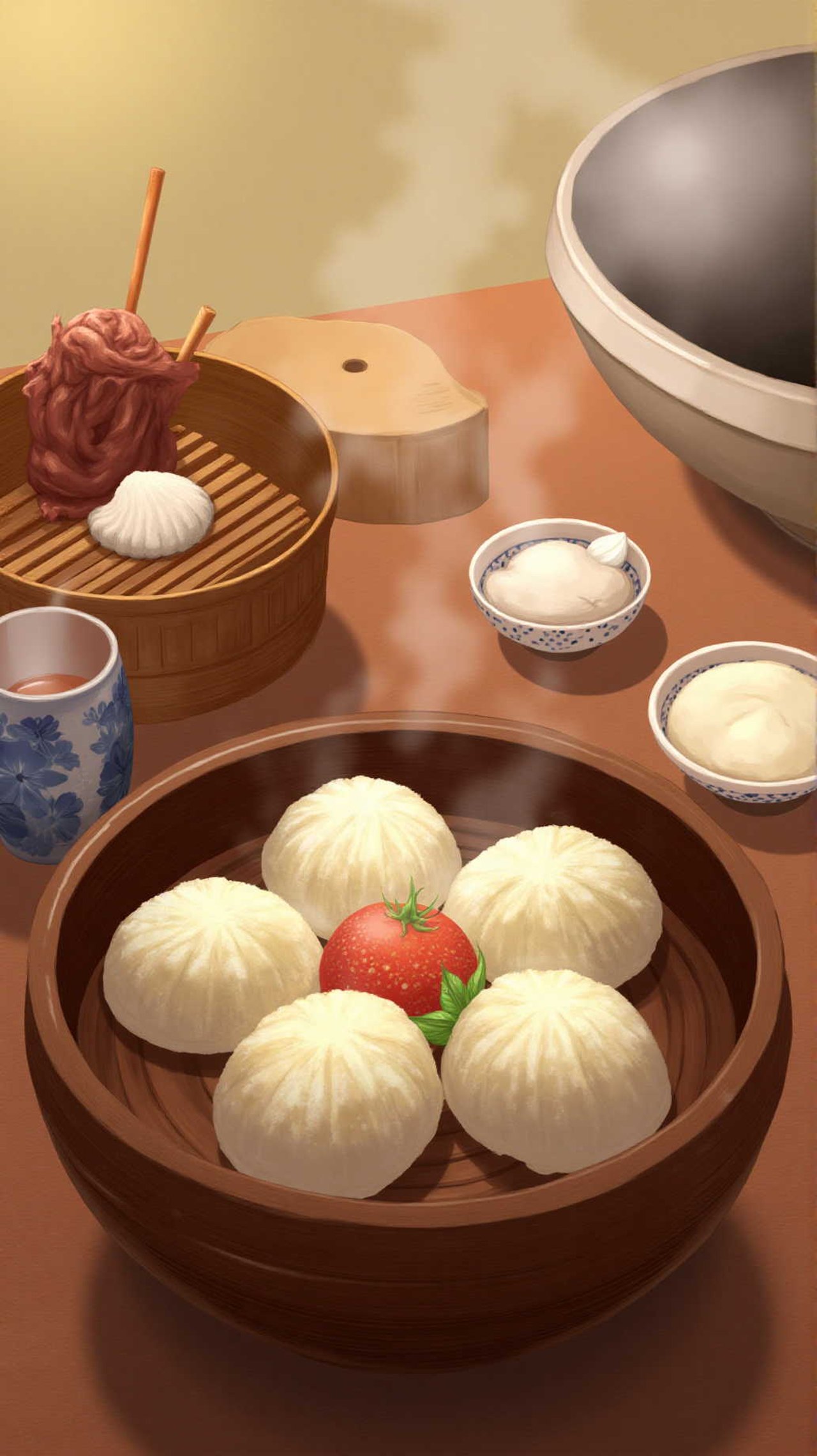Ozoni soup served on a table, grilled mochi and mitsuba, rising steam, wooden bowls, morning natural light, close-up, ultra-detailed — yuna97さんのAIイラスト