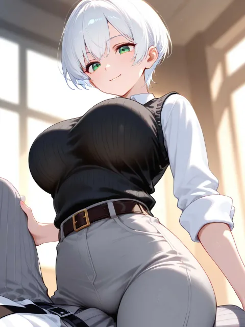 1人の女性だけを描いてください、白色の髪、ショートヘア