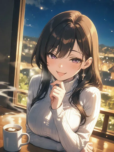 首元まで詰まったタートルネックの厚手のニットを着た成年女性