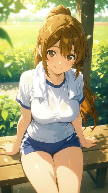 首に白いタオルをかけた白い半袖ティーシャツの美女のマネージャ…