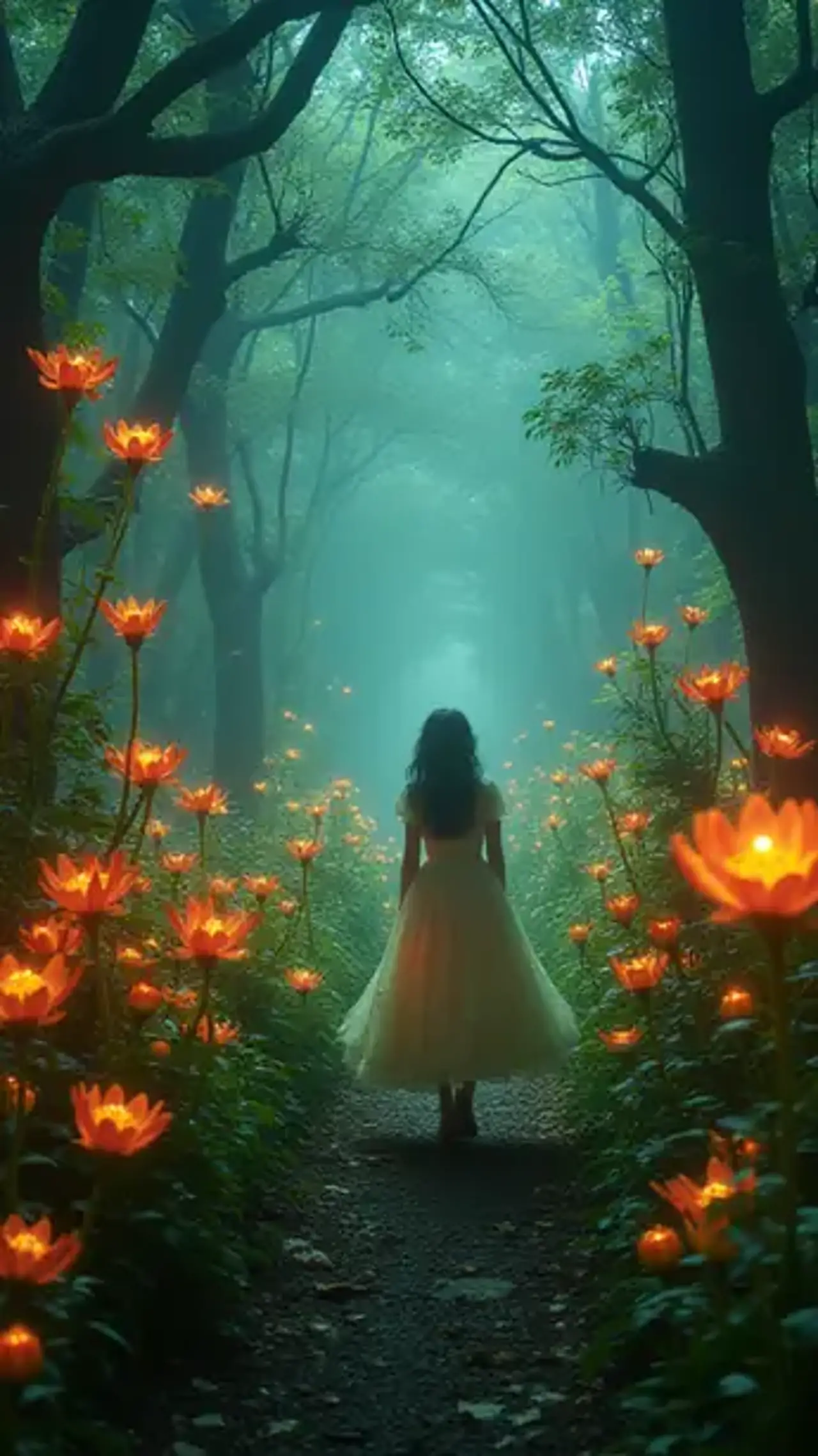 "Her lace裙摆 brushes against glowing moss as the secret garde…