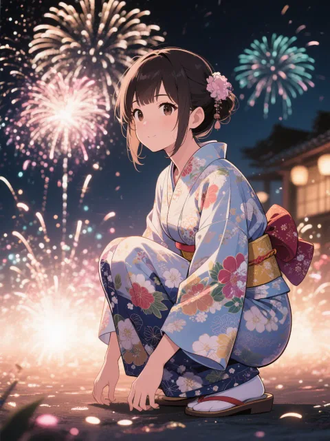 しゃがみながら線香花火をする浴衣を着た美少女 夜 - 夜の輪郭