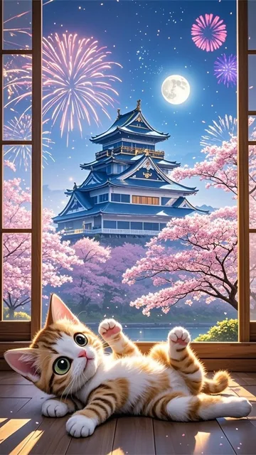 子猫のヘソ天?、窓の外は弘前城、桜満開、花火、満月