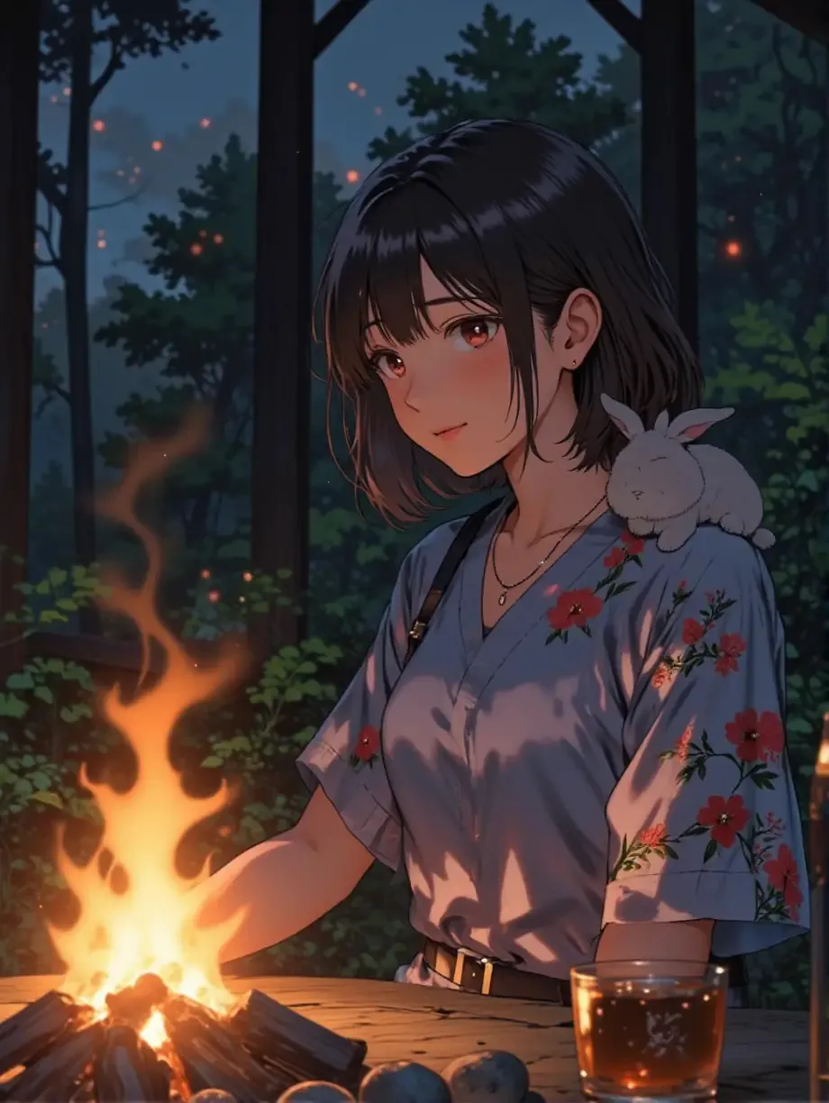 焚き火な紅夜さんと子うさぎ — 紅夜さんのAIイラスト