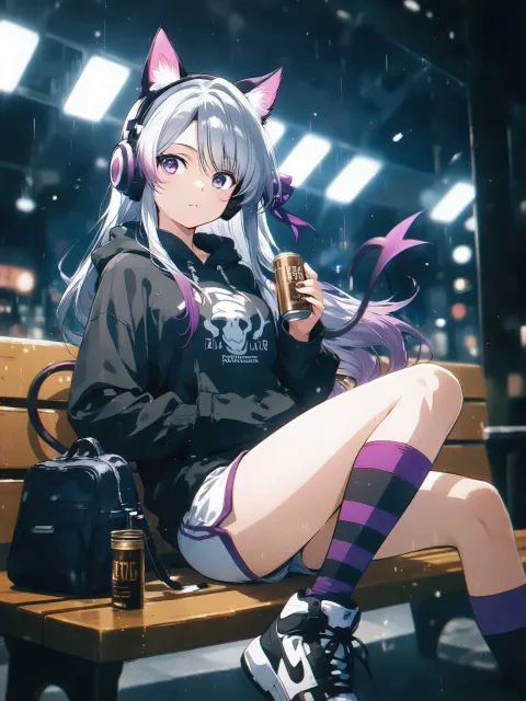 深夜の駅のホーム、((ベンチに座る少女))