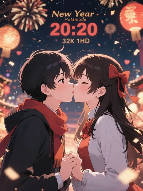 年が明ける中、キスをする