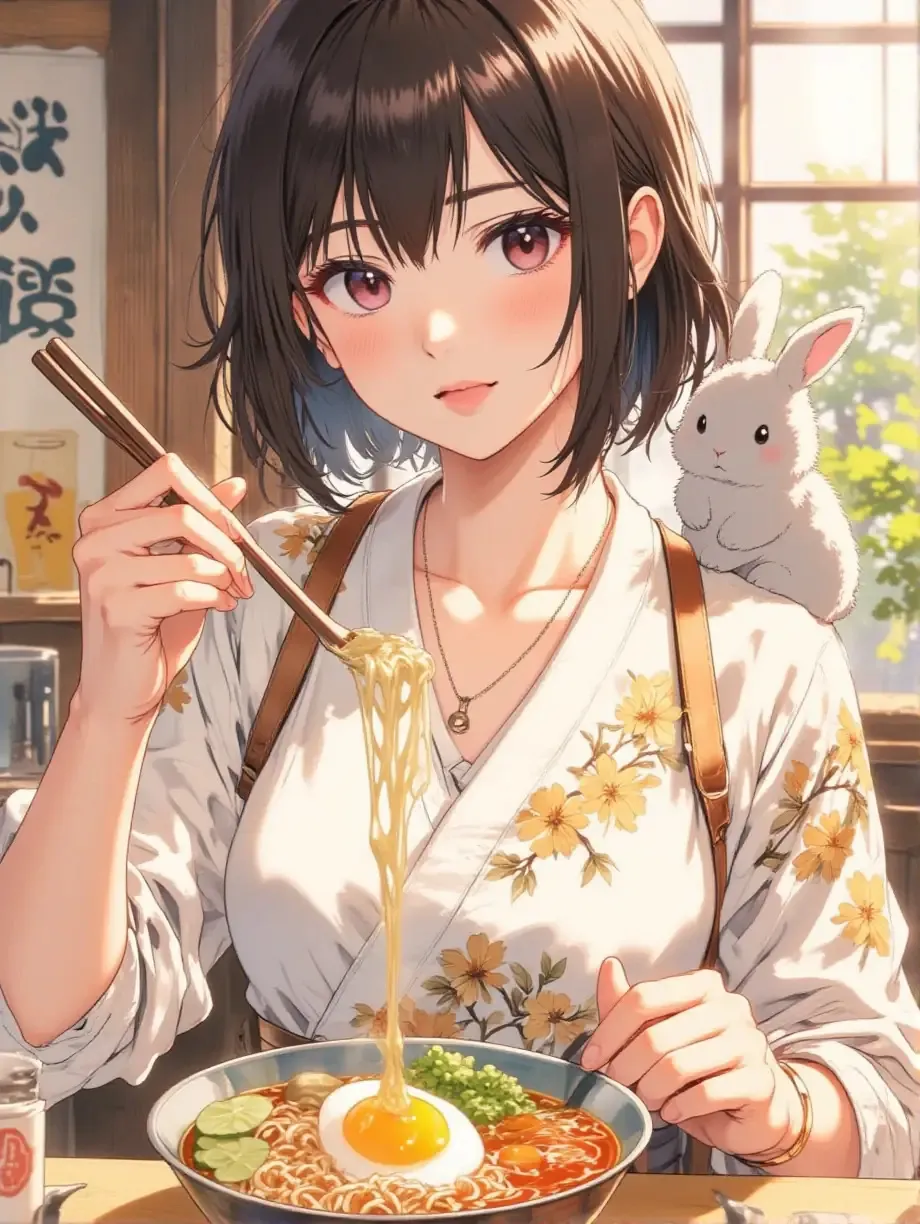 不思議なうなぎラーメンを食べてる紅夜さんと子うさぎ — 紅夜さんのAIイラスト