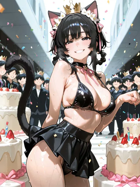 誕生日を祝われている成人女性キャラクター大きいケーキ