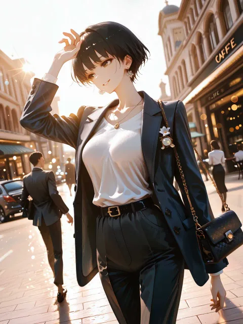 1girl、ベリーショート黒髪、メンズジャケット