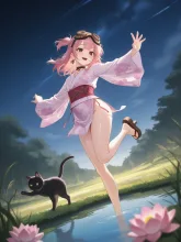 蓮池にやって来た…パンク娘と黒ニャンコ…桃 — 蓮池イラストのAIイラスト|SUPPART