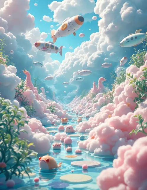 “surreal fantasy world where the sky is an ocean, filled wit…
