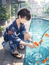 庭のプールで金魚すくい