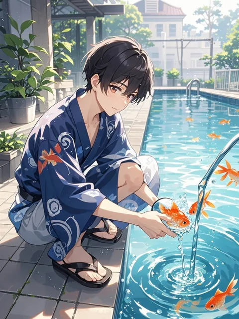 庭のプールで金魚すくい