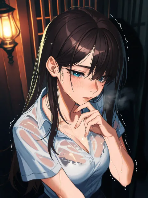 半眼でこちらを見つめる濡れた目をした色っぽい成年女性